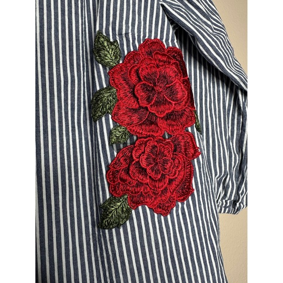 Moa Moa Striped Tunic Top 3D Red Roses Embroidery Casual Flounce Size 1X boho - Picture 8 of 10